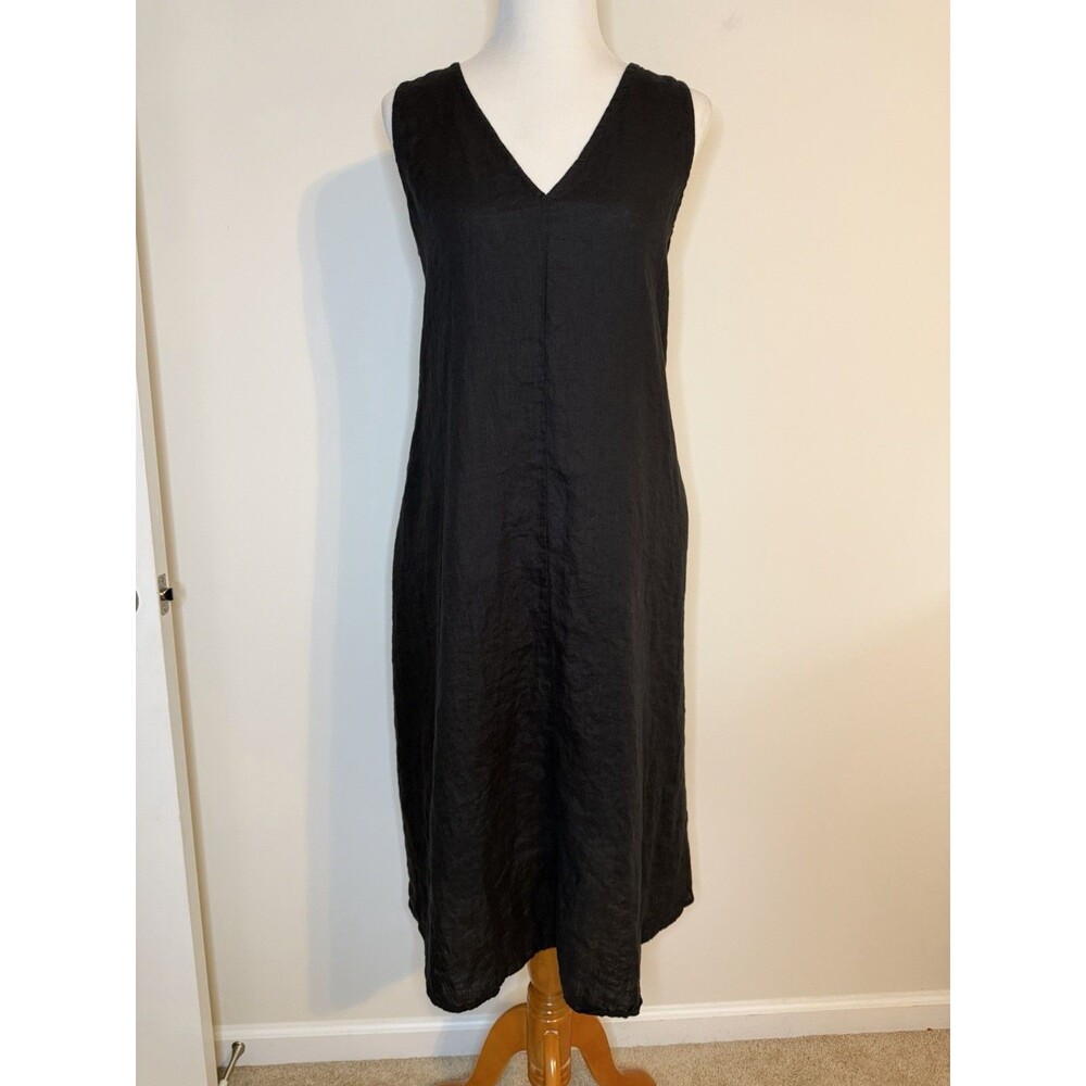 Crown Linen Designs 100% Linen Black Midi Dress Medium Sleeveless Pockets
